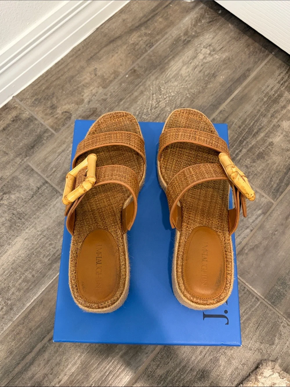 J. McLaughlin Fleur Tan Woven Espadrille Wedge Slides with Buckle